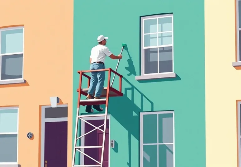 Peintre sur échafaudage traitant la façade d'une maison